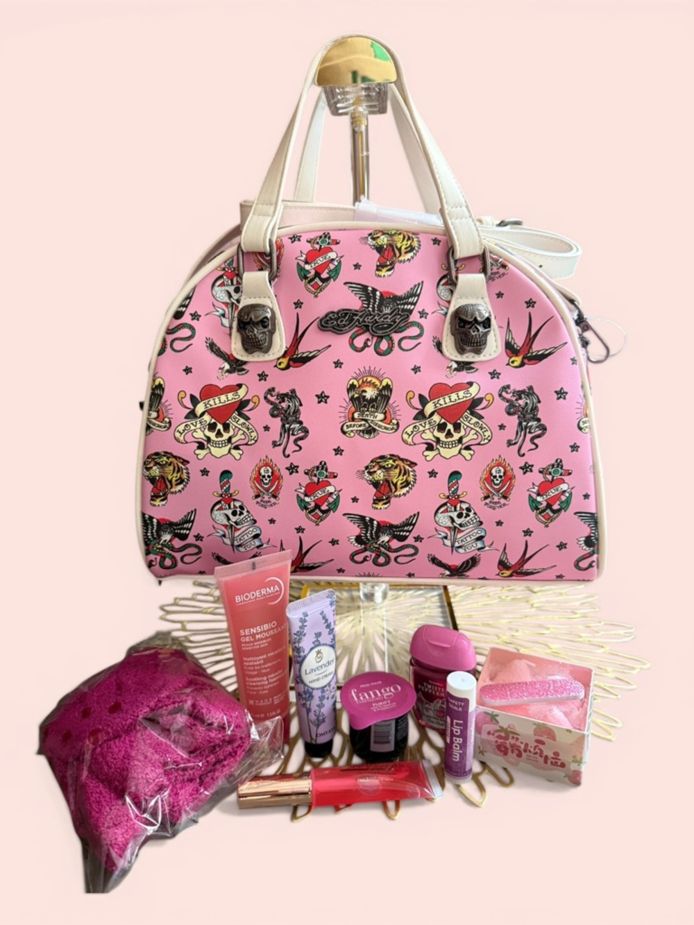 Ed Hardy Pink Tattoo-Print Dome Satchel with Beauty Bundle